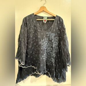 Johnny Was Charcoal Gray Embroidered V-Neck Poncho Blouse